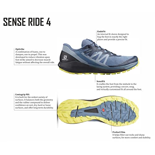 Salomon Sense Ride 4 Trail Running Shoes for Men, Copen Blue/Black/Evening Primrose, 12