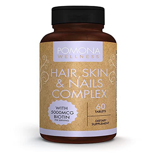 Pomona Wellness Hair, Skin and Nails Complex Supplement, 5000MCG Biotin Per Serving, Supports Healthy Skin, Hair Growth, Strong Nails, Boost Collagen with B Vitamins, Vitamin C, Non-GMO, 60 Count