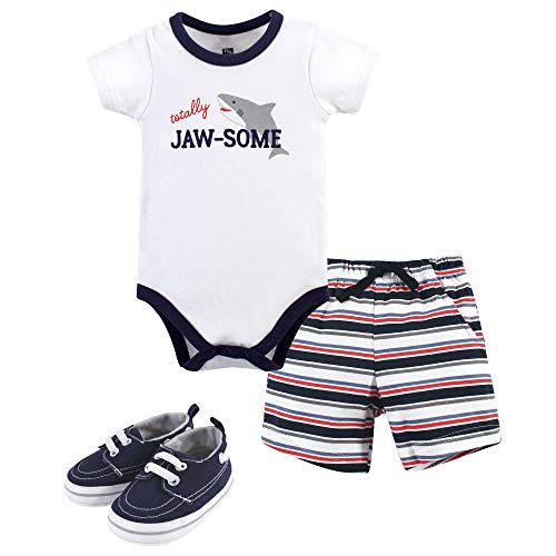 Hudson Baby Unisex Baby Cotton Bodysuit, Shorts and Shoe Set, Jawsome, 6-9 Months