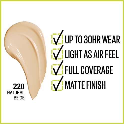 Maybelline Super Stay Full Coverage Liquid Foundation Active Wear Makeup, Up to 30Hr Wear, Transfer, Sweat and Water Resistant, Matte Finish, Natural Beige, 1 Count