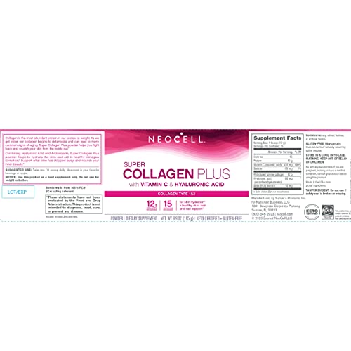 NeoCell Super Collagen Powder, Collagen Plus includes Vitamin C and Hyaluronic Acid, Promotes Healthy Hair, Beautiful Skin, and Nail Support, Collagen Type 1 and 3, 12g Collagen Peptdes per Serving, 6.9 Oz
