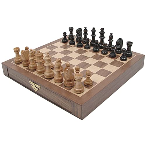 Hey! Play! Classic Strategy Chess Board Game Set - Inlaid Wood Magnetic Chess Board with Storage Drawer for Hand-Carved Staunton Chessmen by Trademark Games,Brown,1.375x9.875x9.875