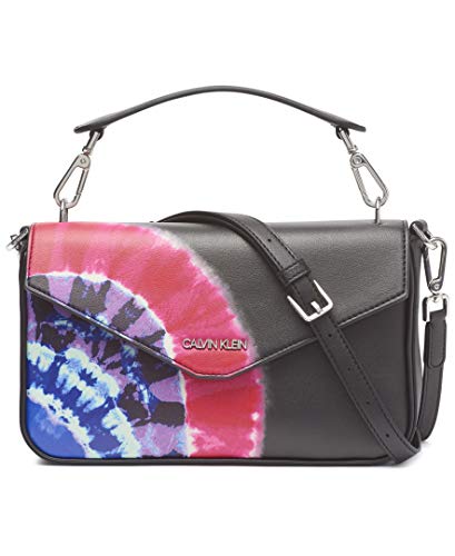 Calvin Klein Statement Series Lock Daytonna Leather Flap Convertible Shoulder Bag and Crossbody, Black Multi Print