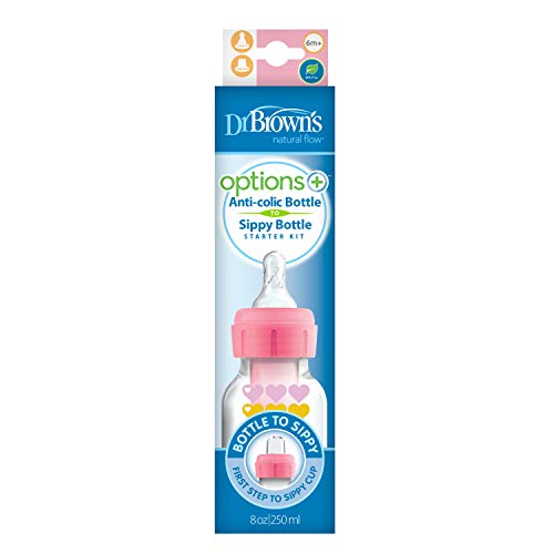 Dr. Brown’s Natural Flow® Anti-Colic Options+™ Narrow Sippy Bottle Starter Kit, 8oz/250mL, with Level 3 Medium-Fast Flow Nipple and 100% Silicone Soft Sippy Spout, Pink, 6m+