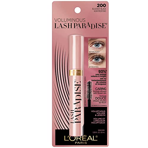 L'Oreal Paris Makeup Lash Paradise Mascara, Voluptuous Volume, Intense Length, Feathery Soft Full Lashes, No Flaking, No Smudging, No Clumping, Black, 0.25 Fl Oz (Pack of 1) Packaging May Vary