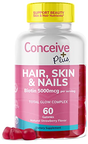 CONCEIVE PLUS Hair Skin and Nails Gummies - Extra-Strength Biotin, VIT A, C, D3, E Vitamins - Vegan, Hair Growth Supplement - Gelatin-Free - 60 Count
