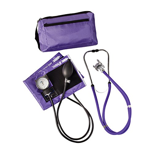 MABIS MatchMates Aneroid Sphygmomanometer and 31' Sprague Rappaport Stethoscope Combination Manual Blood Pressure Kit with Calibrated Nylon Cuff and Oversized Carrying Case, Adult Purple