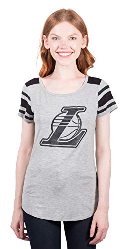 Ultra Game NBA Los Angeles Lakers Womens Box Out Varsity Stripe Tee Shirt, Heather Gray, Large