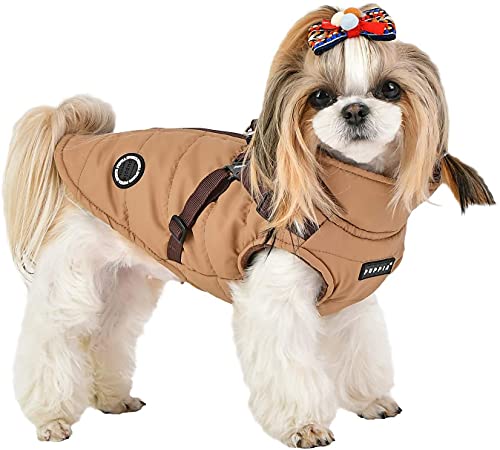 Puppia Mountaineer Winter Dog Coat with Integrated Harness No Pull Cold Weather Waterproof Warm Fleece Back Zipper for Small and Medium Dog, Beige, Medium