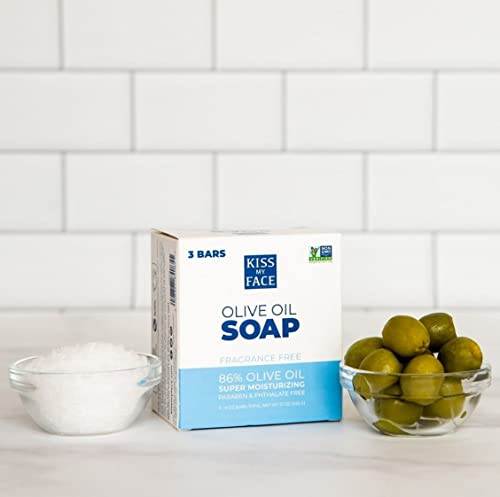 Kiss My Face Olive Oil Fragrance Free Bar Soap, Moisturizing Bar Soap, Cruelty Free Vegan Soap, Palm Oil Free, 4 Oz Per Bar, 3 Pack