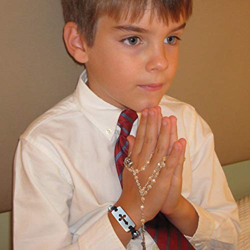 Black Stretch Bracelet with Silver Cross Charm - Gift for First Holy Communion, Baptism, Confirmation, or Christening, Religious Jewelry, One Size Fits Most