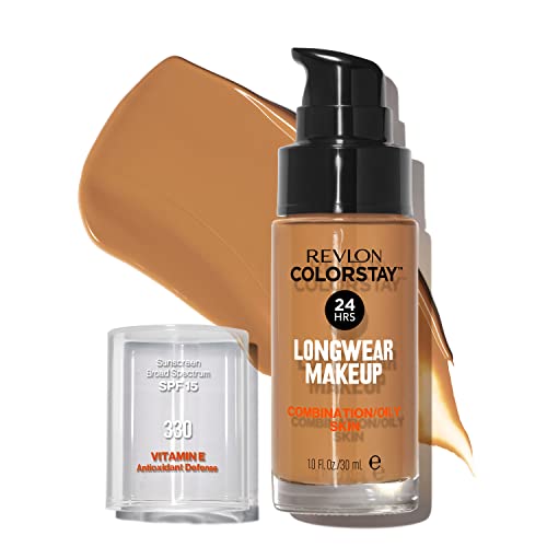 Liquid Foundation by Revlon, ColorStay Face Makeup for Combination and Oily Skin, SPF 15, Longwear Medium-Full Coverage with Matte Finish, Natural Tan (330), 1.0 Oz