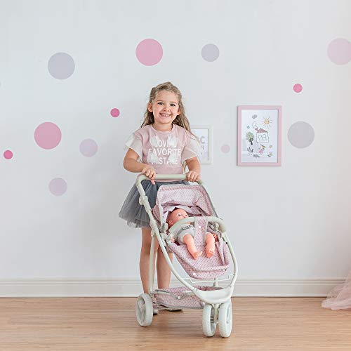 Olivia's Little World Baby Doll Stroller Polka Dots Princess Collection, Convertible Doll Pram with Storage Basket for 18' Dolls, Pink and Gray