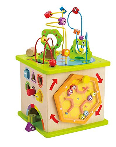 Country Critters Wooden Activity Play Cube by Hape | Wooden Learning Puzzle Toy for Toddlers, 5-Sided Activity Center with Animal Friends, Shapes, Mazes, Wooden Balls, Shape Sorter Blocks and More, 13.78 x 13.78 x 19.69 inches