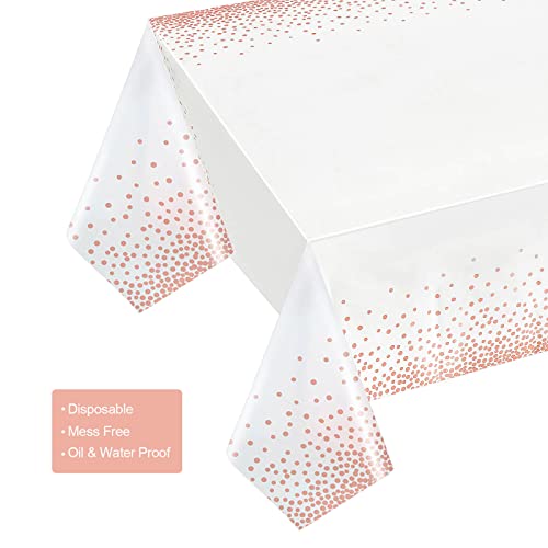 Gexolenu,4 Pack, White and Rose Gold Tablecloth Plastic, Table Cover for Parties, Dot Confetti Pattern Table Cloths for Rectangle Tables, Fit for All Birthday Party, Wedding, Anniversary, 54' x 108'