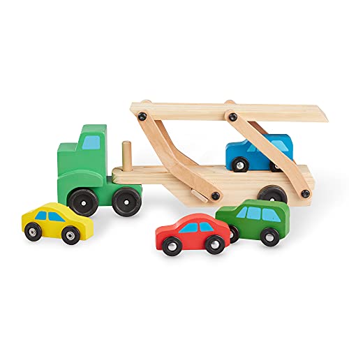 Melissa and Doug Car Carrier Truck and Cars Wooden Toy Set With 1 Truck and 4 Cars - Wooden Cars, Vehicle Toys, Push And Go Wooden Trucks For Toddlers And Kids Ages 3+