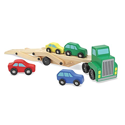 Melissa and Doug Car Carrier Truck and Cars Wooden Toy Set With 1 Truck and 4 Cars - Wooden Cars, Vehicle Toys, Push And Go Wooden Trucks For Toddlers And Kids Ages 3+