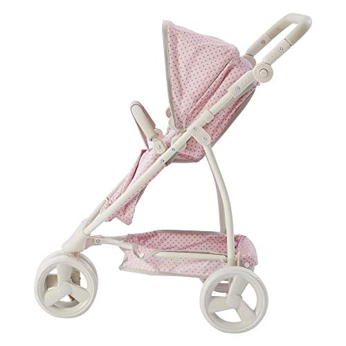 Olivia's Little World Baby Doll Stroller Polka Dots Princess Collection, Convertible Doll Pram with Storage Basket for 18' Dolls, Pink and Gray