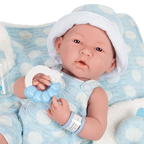 JC Toys La Newborn All-Vinyl-Anatomically Correct Real Boy 15' Baby Doll in Blue and Deluxe Accessories, Designed by Berenguer, Blue - Dots, Model:18064