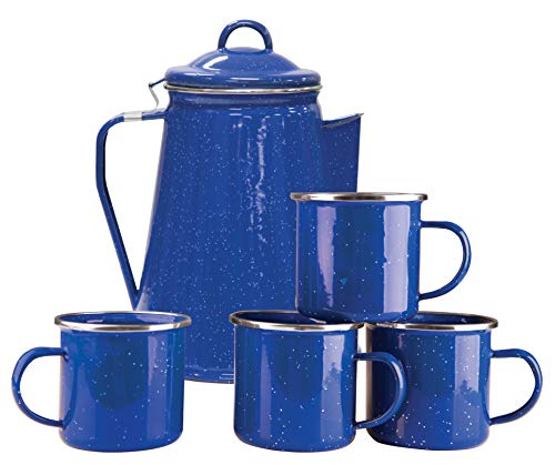 Stansport 8 Cup Enamel Percolator with Four Enamel Mugs, 12-Ounce, Blue
