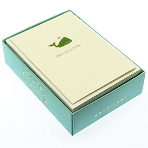 Graphique Whale La Petite Presse Boxed Notecards - 10 Elegant Embossed Green Whale Thanks a Ton! Thank You Cards with Matching Envelopes, 3.25' x 4.75'