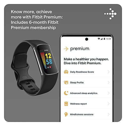 Fitbit Charge 5 Advanced Health and Fitness Tracker with Built-in GPS, Stress Management Tools, Sleep Tracking, 24/7 Heart Rate and More, Black/Graphite, One Size (S andL Bands Included)