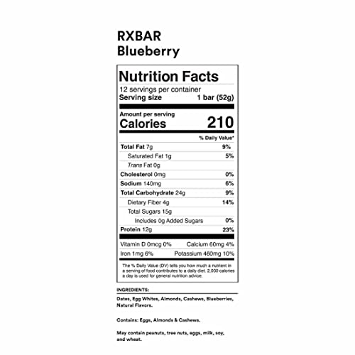 RXBAR Protein Bars, 12g Protein, Gluten Free Snacks, Blueberry, 22oz Box (12 Bars)
