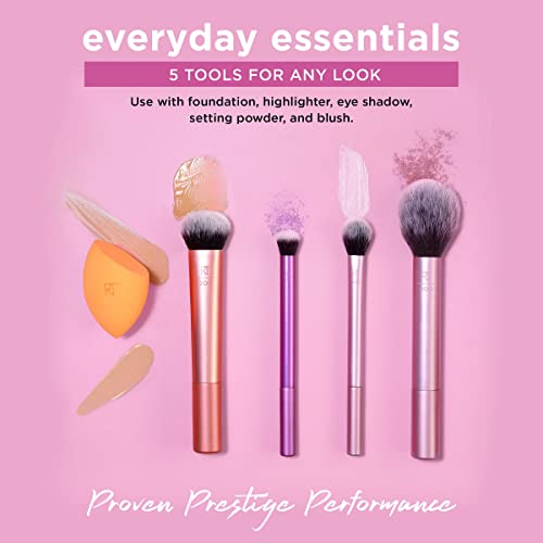 Real Techniques Everyday Essentials Kit, Makeup Brushes and Makeup Blending Sponge, Makeup Tools For Foundation, Blush, Bronzer, and Eyeshadow, Synthetic Bristles, 5 Piece Set