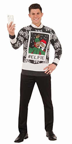 Forum Men's Elfie Ugly Christmas Sweater, Black/White, X-Large