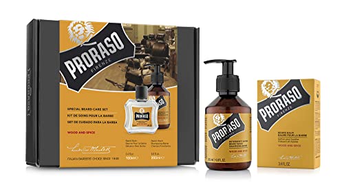 Proraso Beard Care Kit for Men | Beard Wash and Beard Balm to Cleanse, Soften and Reduce Itch for New or Short Beards | Wood and Spice Fragrance