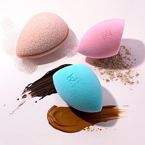 Real Techniques Sponge+ Beauty Makeup Blenders, Poreless Perfection Kit, for Facial Cleanser, Foundation, and Setting Powder, Probiotic Infused, For Natural and Matte Finish, 3 Piece Kit