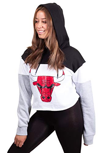 Ultra Game NBA Chicago Bulls Womens Super Soft Fleece Crop Top Pullover Hoodie Sweatshirt, Black, Large