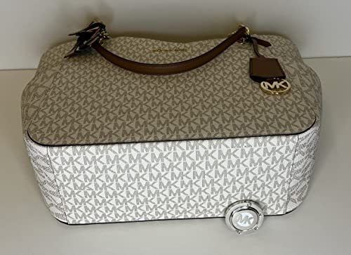 Michael Kors Women's Jet Set Travel Large Chain Shoulder Bag bundled Purse Hook and Skinny Scarf (Signature MK Vanilla)