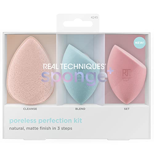 Real Techniques Sponge+ Beauty Makeup Blenders, Poreless Perfection Kit, for Facial Cleanser, Foundation, and Setting Powder, Probiotic Infused, For Natural and Matte Finish, 3 Piece Kit