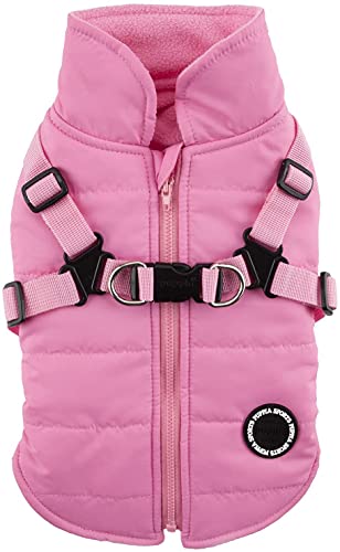 Puppia Mountaineer Winter Dog Coat with integrated harness No Pull Cold Weather Waterproof Warm Fleece Back Zipper for Small and Medium Dog, PINK, Medium