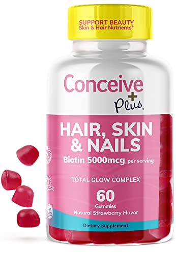 CONCEIVE PLUS Hair Skin and Nails Gummies - Extra-Strength Biotin, VIT A, C, D3, E Vitamins - Vegan, Hair Growth Supplement - Gelatin-Free - 60 Count
