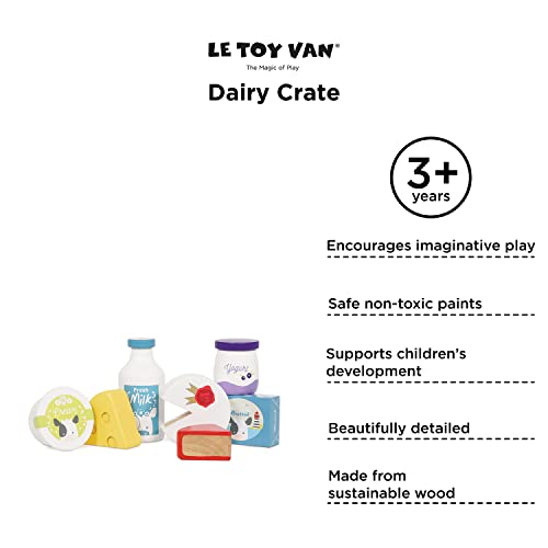 Le Toy Van - Wooden Honeybee Market Cheese and Dairy Crate | Wooden Market Stall Food | Supermarket Pretend Play Shop Food (TV185)