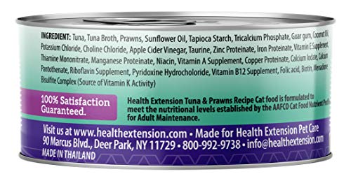 Health Extension Wet Cat Food Canned, Grain-Free, Natural Food for All Cats and Kittens with Added Vitamins and Mineral, Tuna and Prawns Recipe, Nutrition for Cats and Kittens (2.8 Oz / 79 G, Pack of 24)