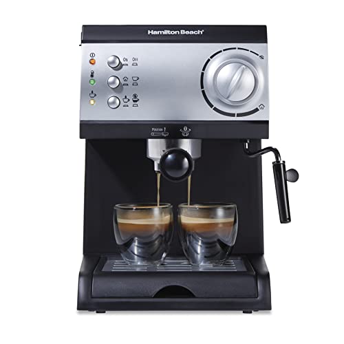 Hamilton Beach 15 Bar Espresso Machine, Cappuccino, Mocha, and Latte Maker, with Milk Frother, Make 2 Cups Simultaneously, Works with Pods or Ground Coffee, 50 oz. Water Reservoir, Black