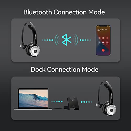 TECKNET Wireless Bluetooth 5.0 Headset with Microphone, AI Noise Cancelling On Ear Headphones with Charging Base for PC, Cell Phone, Computer, Call Center, Work from Home Office Essentials