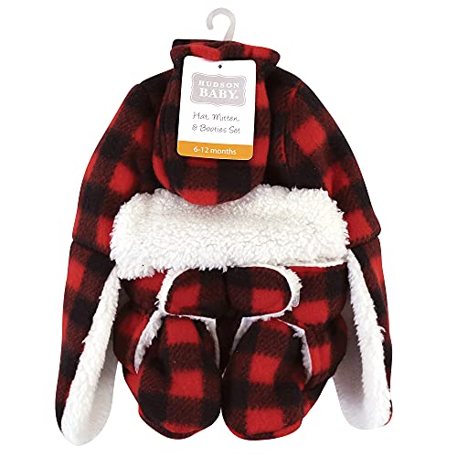 Hudson Baby Baby Trapper Hat, Mitten and Bootie Set, Black Red Plaid, 0-6 Months