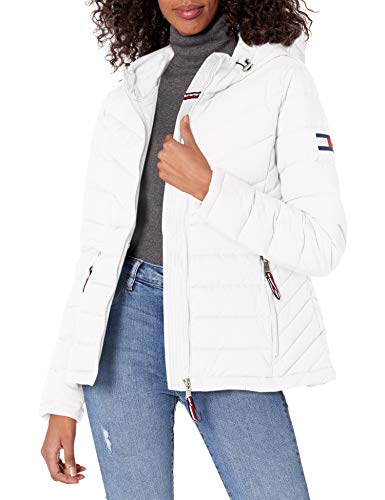 Tommy Hilfiger Women's Puffer Lightweight Hooded Jacket with Drawstring Packing Bag, White, Extra Large