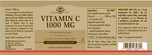 Solgar Vitamin C 1000 mg, 100 Vegetable Capsules - Antioxidant and Immune Support - Overall Health - Healthy Skin and Joints - Bioflavonoids Supplement - 100 Servings