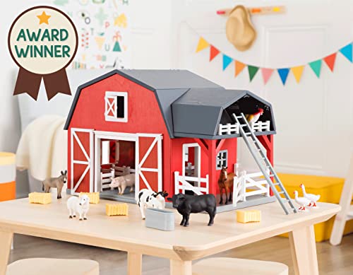 Terra By Battat Wooden Animal Barn - Toy Barn Farm Playset - Pretend Play Toys For Kids Ages 3+ (20 Piece)