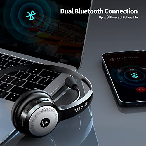 TECKNET Wireless Bluetooth 5.0 Headset with Microphone, AI Noise Cancelling On Ear Headphones with Charging Base for PC, Cell Phone, Computer, Call Center, Work from Home Office Essentials