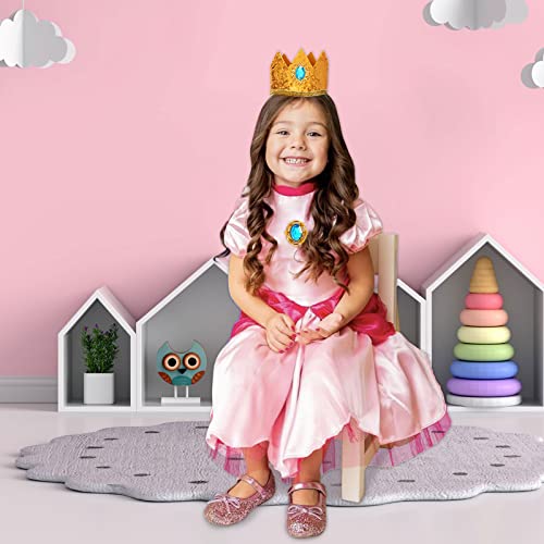 Oskiner Princess Peach Costume for Girls,Super Brothers Princess Peach Dress for Kids Cosplay Halloween Party Dress Up (4-5Years)