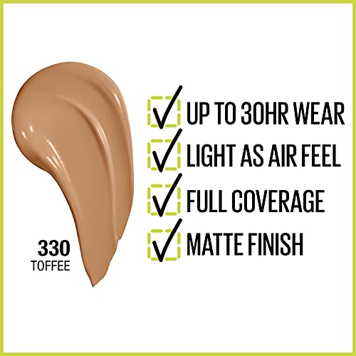 Maybelline Super Stay Full Coverage Liquid Foundation Active Wear Makeup, Up to 30Hr Wear, Transfer, Sweat and Water Resistant, Matte Finish, Toffee, 1 Count