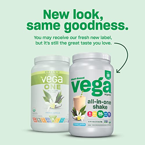 Vega Organic All-in-One Vegan Protein Powder French Vanilla (18 Servings) Superfood Ingredients, Vitamins for Immunity Support, Keto Friendly, Pea Protein for Women and Men, 1.5 lbs(Packaging May Vary)