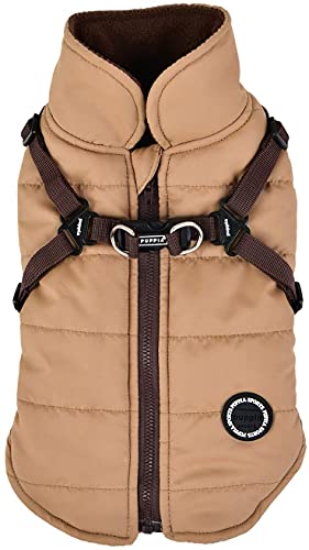 Puppia Mountaineer Winter Dog Coat with Integrated Harness No Pull Cold Weather Waterproof Warm Fleece Back Zipper for Small and Medium Dog, Beige, Medium