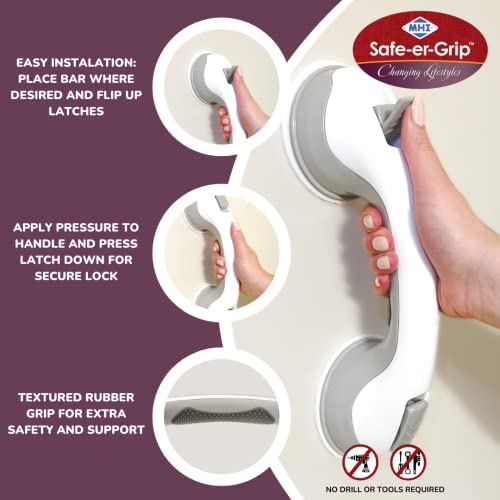 Safe-er-Grip Safe-er-Grip Changing Lifestyles Suction Cup Grab Bars for Bathtubs and Showers; Safety Bathroom Assist Handle, White and Grey, 12 inches